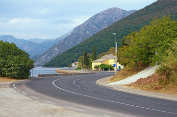 Traveling in the Balkans. Montenegro, the road along the Bay of Kotor (near Lepetane village and ferry)