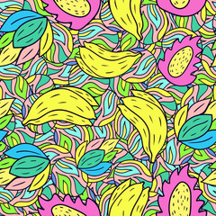 Seamless pattern with cartoon doodle banana. Fruit background. Vector illustration.