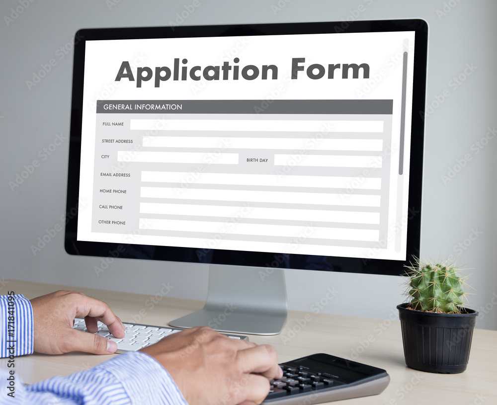 Aufkleber business man working on laptop computer use online web job application form moniter