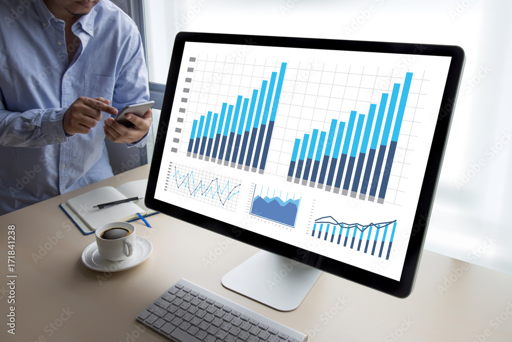Poster statistics analysis business data diagram growth increase marketing concept , digital tablet and gra