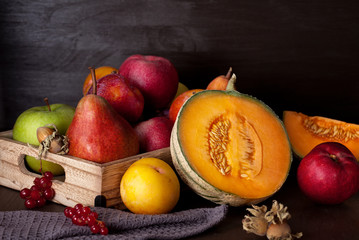 Fototapeta na wymiar Fresh organic melon and fruits. Healthy seasonal food concept. Organic agriculture