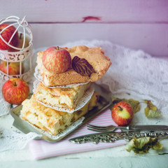 Fresh baked delicious classic American apple pie.Top view, rustic style, copy space