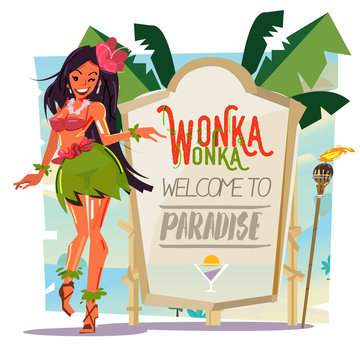 beautiful beach girl with nature present board. tropical show concept - vector