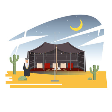 Ramadan Majlis Tents. Arabian tent in dessert with arab men character in the front. nightime. - vector illustration