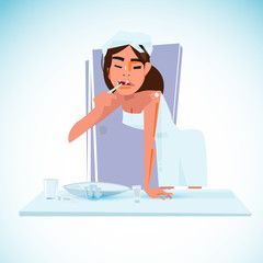 Naklejka na ściany i meble Happy young woman wearing towel at bathroom with healthy teeth holding a tooth brush. character design - vector