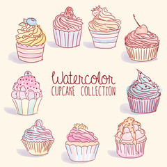 Watercolor Cupcake Collection - vector illustration, eps 10