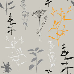 Vector floral seamless pattern with wild meadow flowers, herbs and grasses. Thin delicate line silhouettes of different plants like sunflowers and basil.