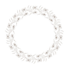 Floral wreath. Hand drawn vector round frame. Decorative elements for design. Ink, vintage and rustic styles.