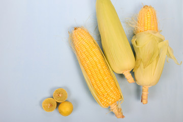Fresh corn on cobs on texture background, closeup, top view