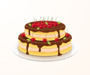Vector sweet cake with cherries for festive birthday card design. A delicious cream dessert with chocolate glaze on the plate. Isolated from the background.