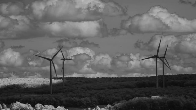 Black & White infrared time lapse of the Mount Storm wind farm operated around Mount Storm lake, located in the Appalachian mountains near Davis, West Virginia.