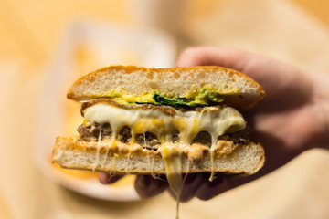 Unhealthy food, high fat and carbs burger in the hand