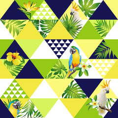 Naklejki  Egzotyczna plaża modny wzór, patchwork ilustrowany kwiatowy wektor tropikalny banan liści. Kakadu dżungli, papuga Mozaika z nadrukiem tapety w tle