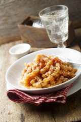 Homemade pasta with tomato and eggplant