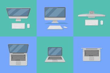 Set of desktop and laptop personal computers flat style icons. Vector illustration.