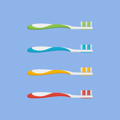 Set of toothbrush in different colors isolated on blue background. Flat style icon. Vector illustration.