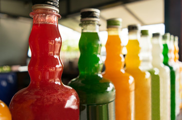 bottle of fruit syrup for make juice - obrazy, fototapety, plakaty