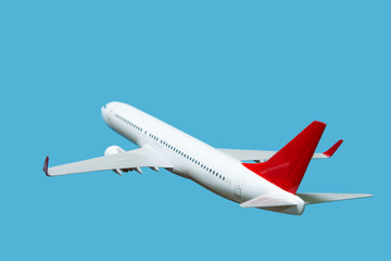 white airplane on a blue background, back view