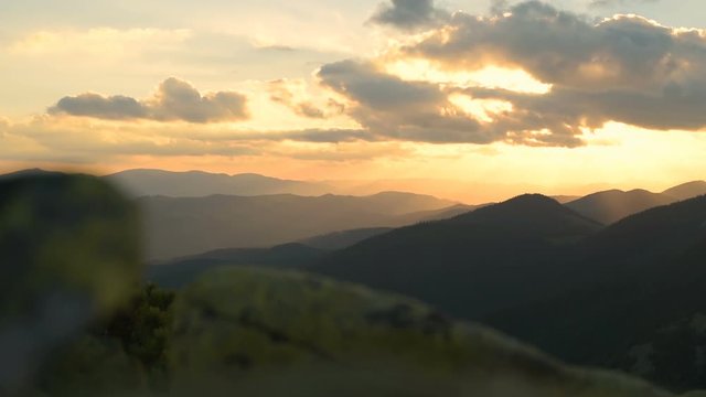 Sunset, mountains, alpine pine, wind