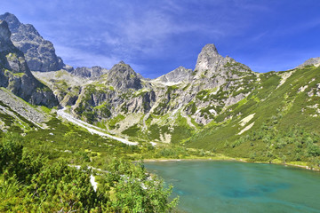 Naklejka na ściany i meble Beautiful summer lake in mountains. Zelene pleso(Green lake), Tatra Mountains.Slovakia