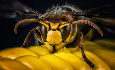 Crédence de cuisine en verre imprimé Photographie macro Gros plan macro de tête d& 39 abeille de guêpe