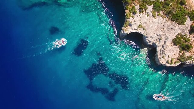 4K (UHD) Aerial view of  Agios Nikolaos blue caves  in Zakynthos (Zante) island, in Greece 
