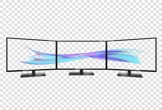 Triple monitor setup. Super widescreen. Multiple monitor setup. 3 monitors setup aspect ratio 16:9. Multiple wallpaper on transparent screens. 