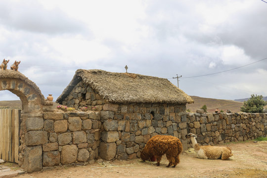 Traditional house near Silustani tombs in the peruvian Andes,Puno, Peru