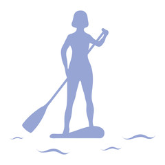 Female silhouette on stand up paddle board. SUP.