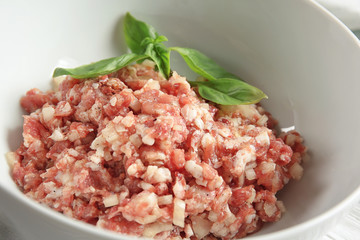 Ground turkey for delicious meatloaf in bowl, closeup