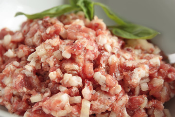 Ground turkey for delicious meatloaf, closeup