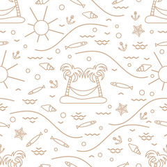 Cute seamless pattern with fish, island with palm trees and a hammock, anchor, sun, waves, seashells, starfish.