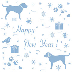 Cute vector illustration of two dogs, gift boxes, bird, hearts, footmarks and snowflakes.