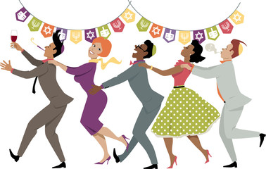 Diverse group of friends dancing conga line at Hanukkah party, EPS 8 vector illustration