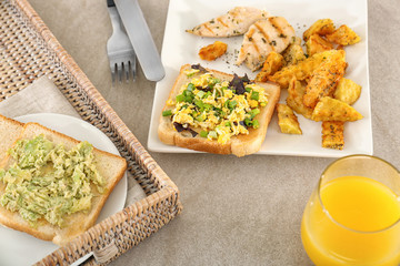 Plate with tasty dinner on table. Cooking for one concept