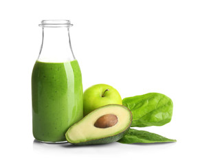 Bottle of spinach smoothie isolated on white