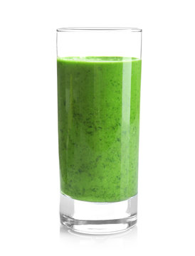 Glass of spinach smoothie isolated on white