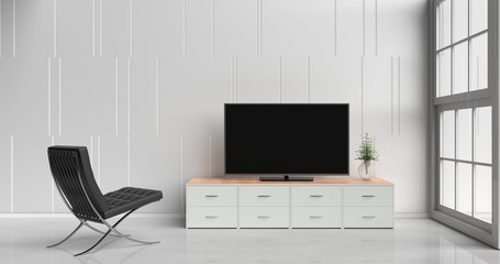 Smart tv on tv stand  in white living room decorated with wood white tv stand, tree in glass vase, black arm chair, white cement wall it is grid pattern, white  floor and light window. 3d rendering. 