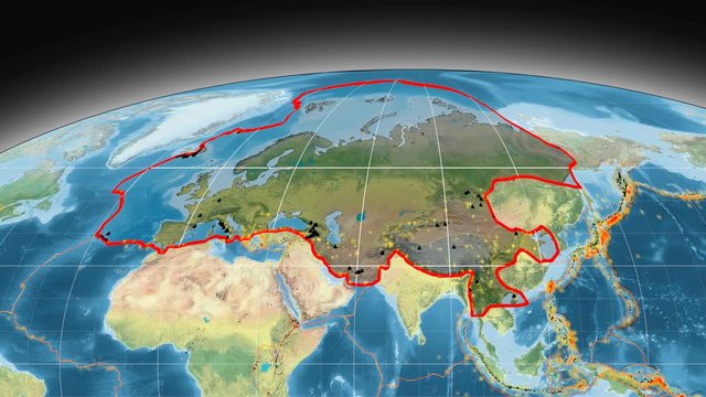 Eurasia tectonics featured. Topography. Mollweide projection