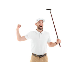 Cheerful male golf player on white background