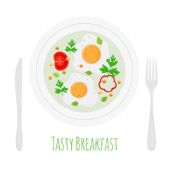 English breakfast - fried eggs with vegetables on plate. Vector illustration