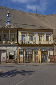 Historic wooden buildings from the era of nitrate mining in the Atacama Desert, in the coastal town of Pisagua in northern Chile.