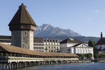 Lucerne with wooden bridge called chapel bridge