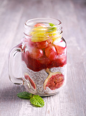 Chia seed yogurt and fruit (fig and grapes) layered healthy snack