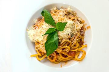 tasty pasta Italian meat sauce pasta on the table