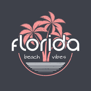 Florida beach vibes t-shirt and apparel vector design, print, typography, poster, emblem with palm trees.