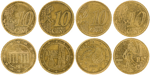 European 10 Cent Coins (front and back) isolated on white background