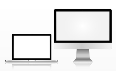 Realistic apple technology modern monitor, imac, computer, macbook, laptop, isolated on a white background, vector illustration