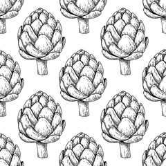 Artichoke hand drawn vector seamless pattern. Isolated Vegetable engraved style background.