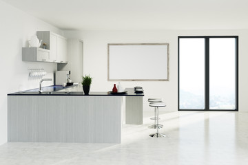 White kitchen with a bar stand and a poster